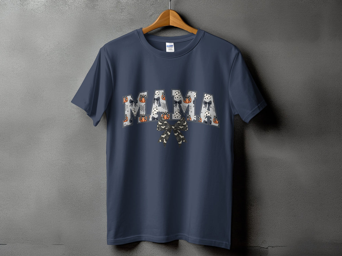 Dark blue t-shirt with "MAMA" in Halloween-themed letters and bow.