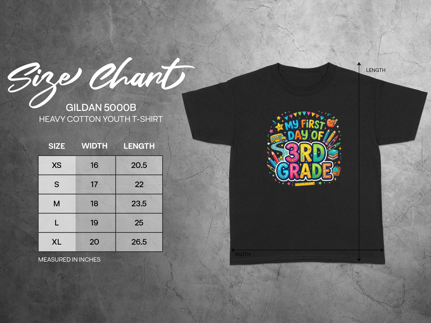 Gildan 5000B youth t-shirt size chart showing width and length measurements in inches.