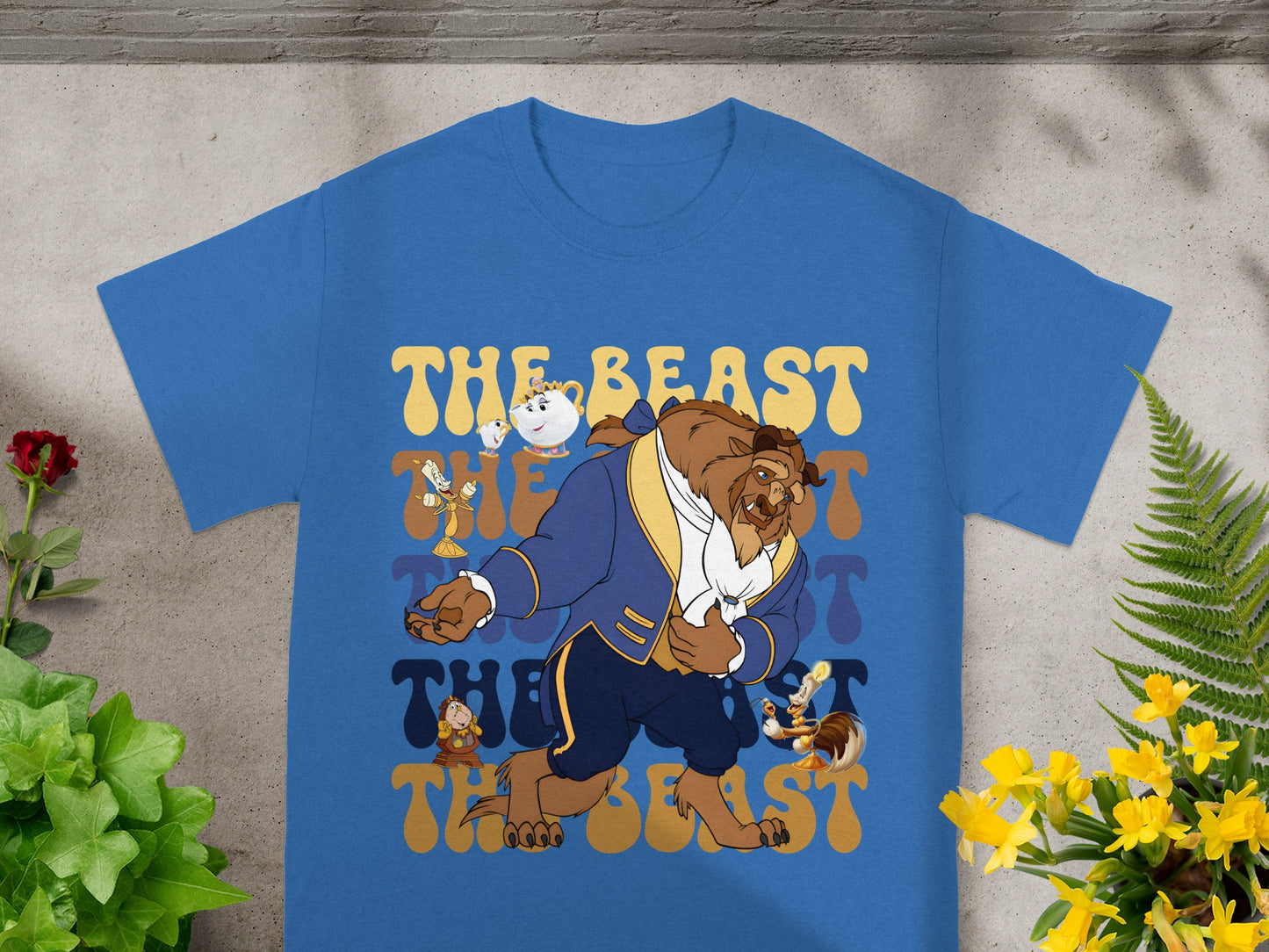 The Beast and Chip on a blue t-shirt with "The Beast" text.