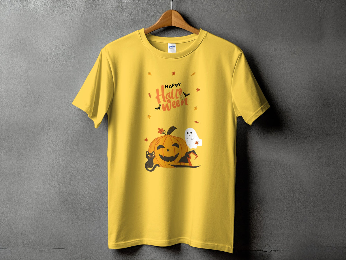 Yellow t-shirt with "Happy Halloween" text, pumpkin, ghost, cat, and hat graphic.