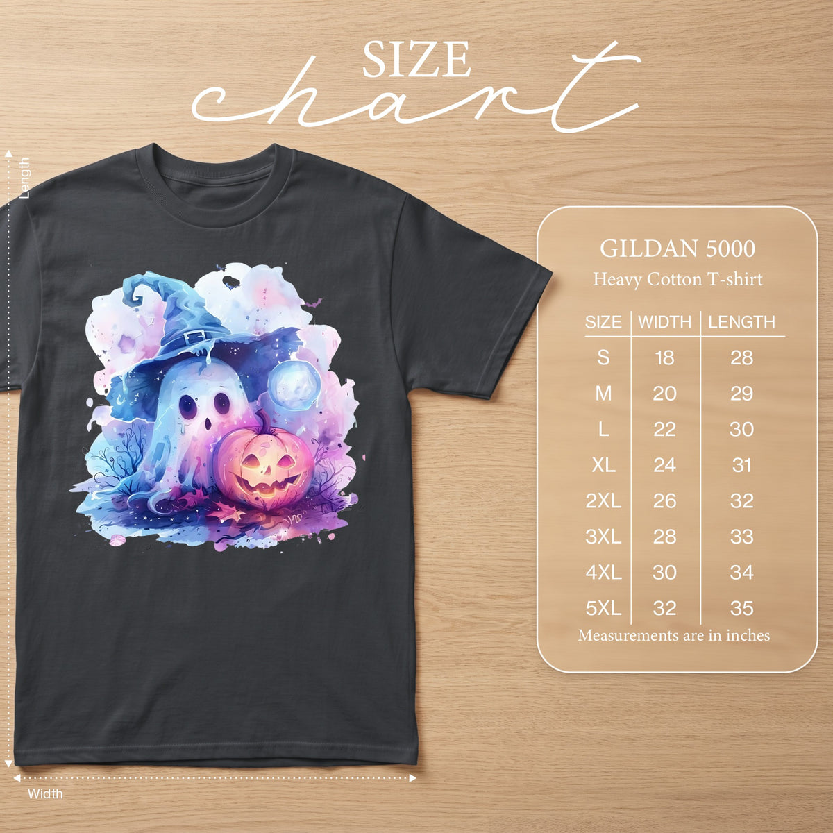 Dark gray t-shirt with watercolor ghost, pumpkin, and moon design and size chart.