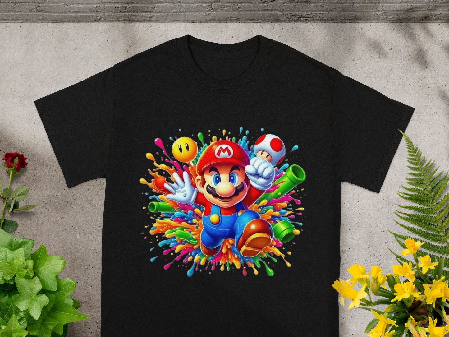 Mario in colorful paint splatters with a mushroom and pipes.