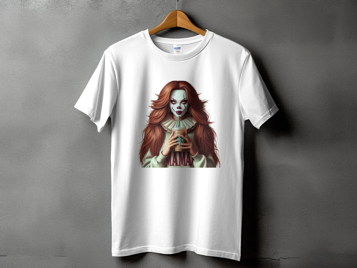 White t-shirt featuring a female clown character holding a Starbucks cup and wearing a "MAMA" sweatshirt.