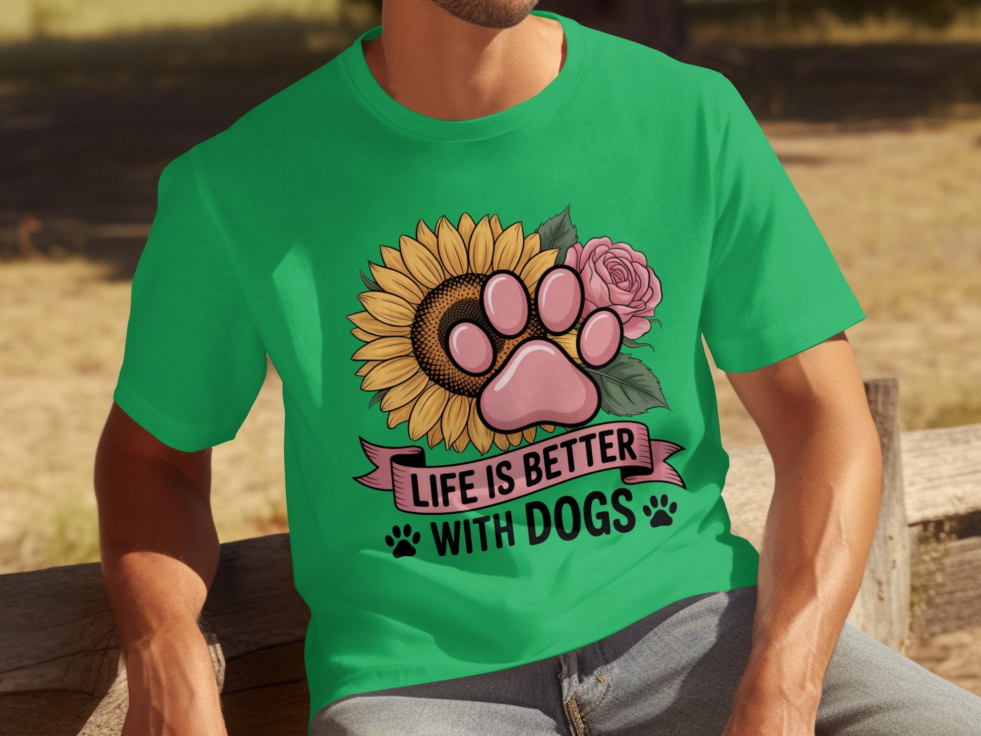 Life Is Better With Dogs Sunflower Paw Print T-shirt