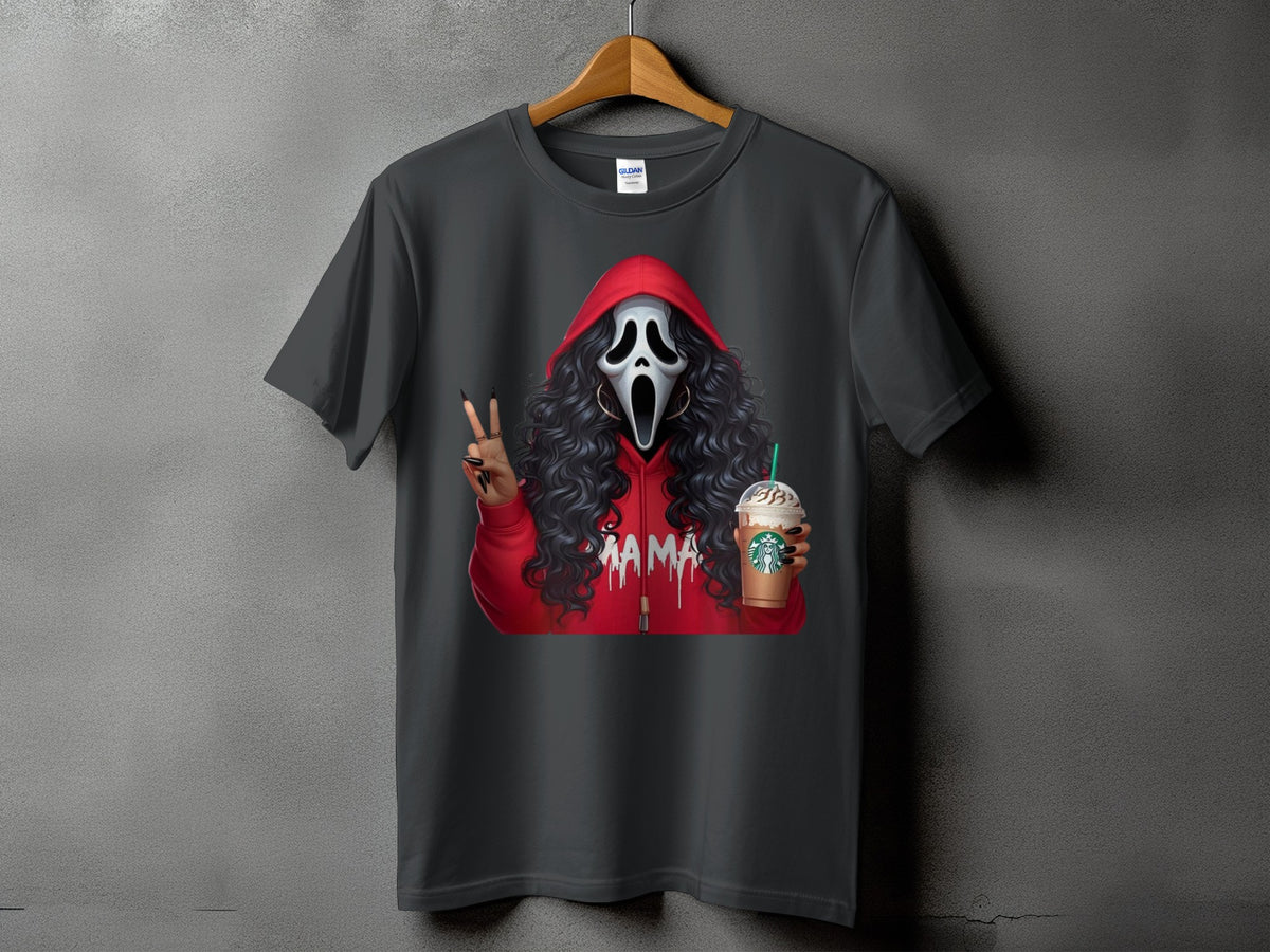 Ghost face mask with red hoodie, black curly hair, holding Starbucks, "Mama" text.