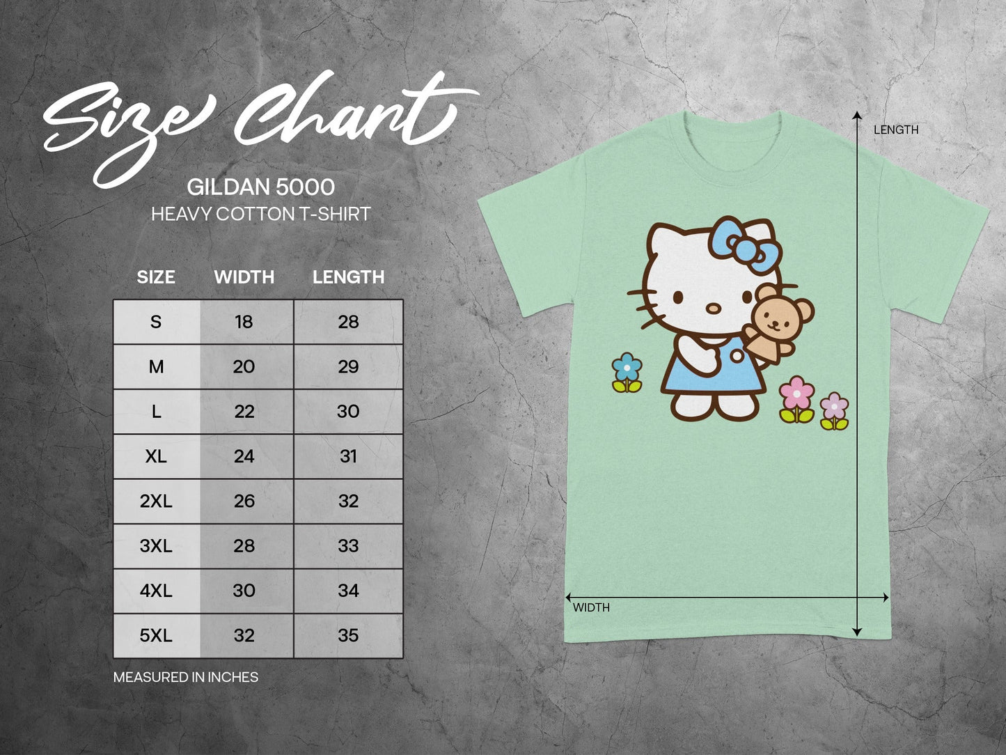 Hello Kitty Gildan 5000 Size Chart Measured in Inches product type