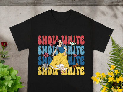 Black t-shirt with "Snow White" in colorful retro lettering.