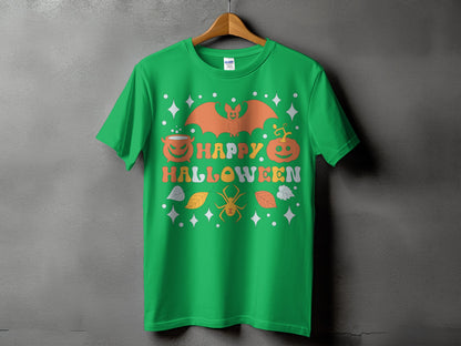 Green t-shirt with a retro "Happy Halloween" design featuring a bat, pumpkins, and spider.
