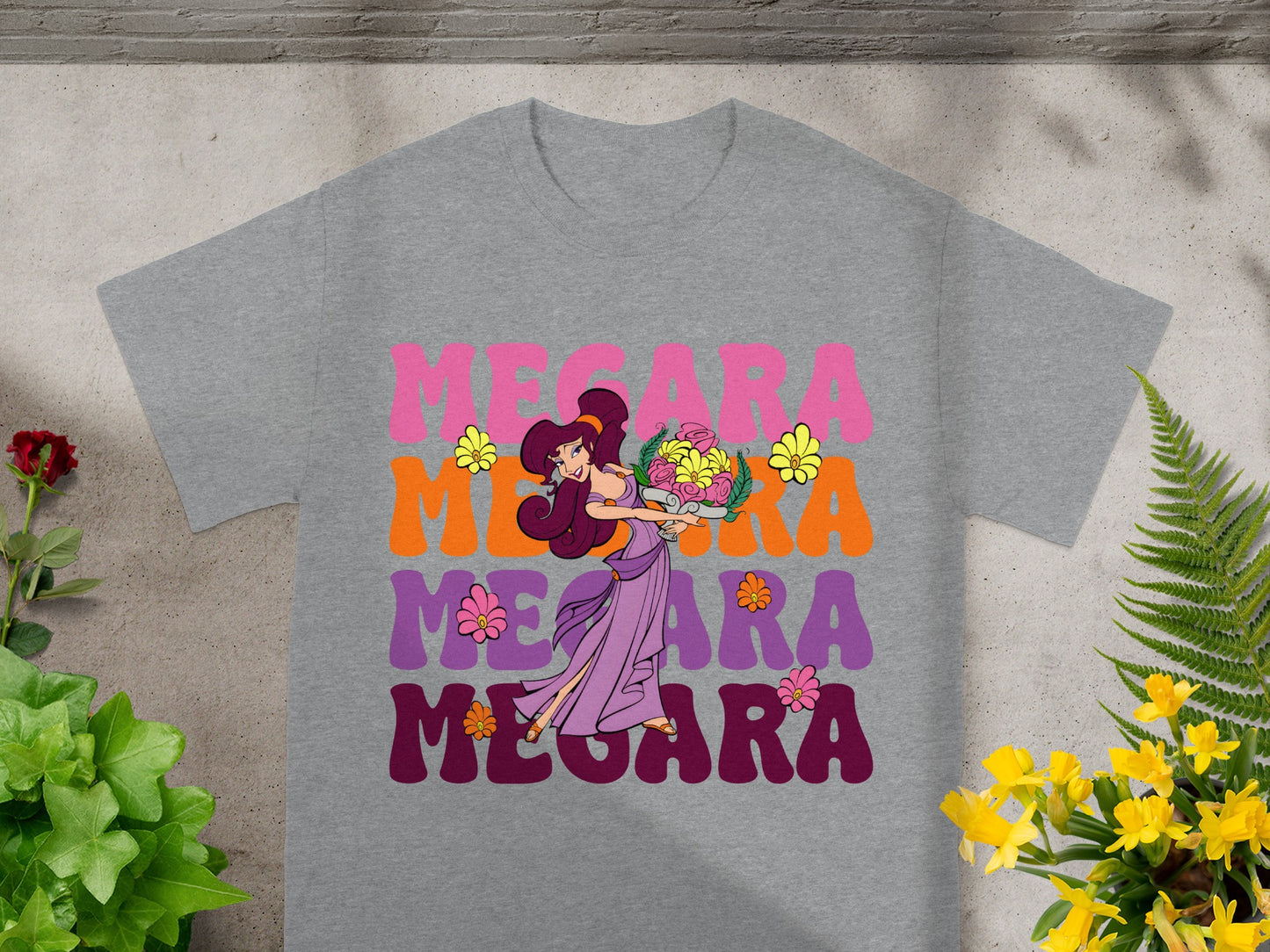 Megara text and illustration on a grey t-shirt.