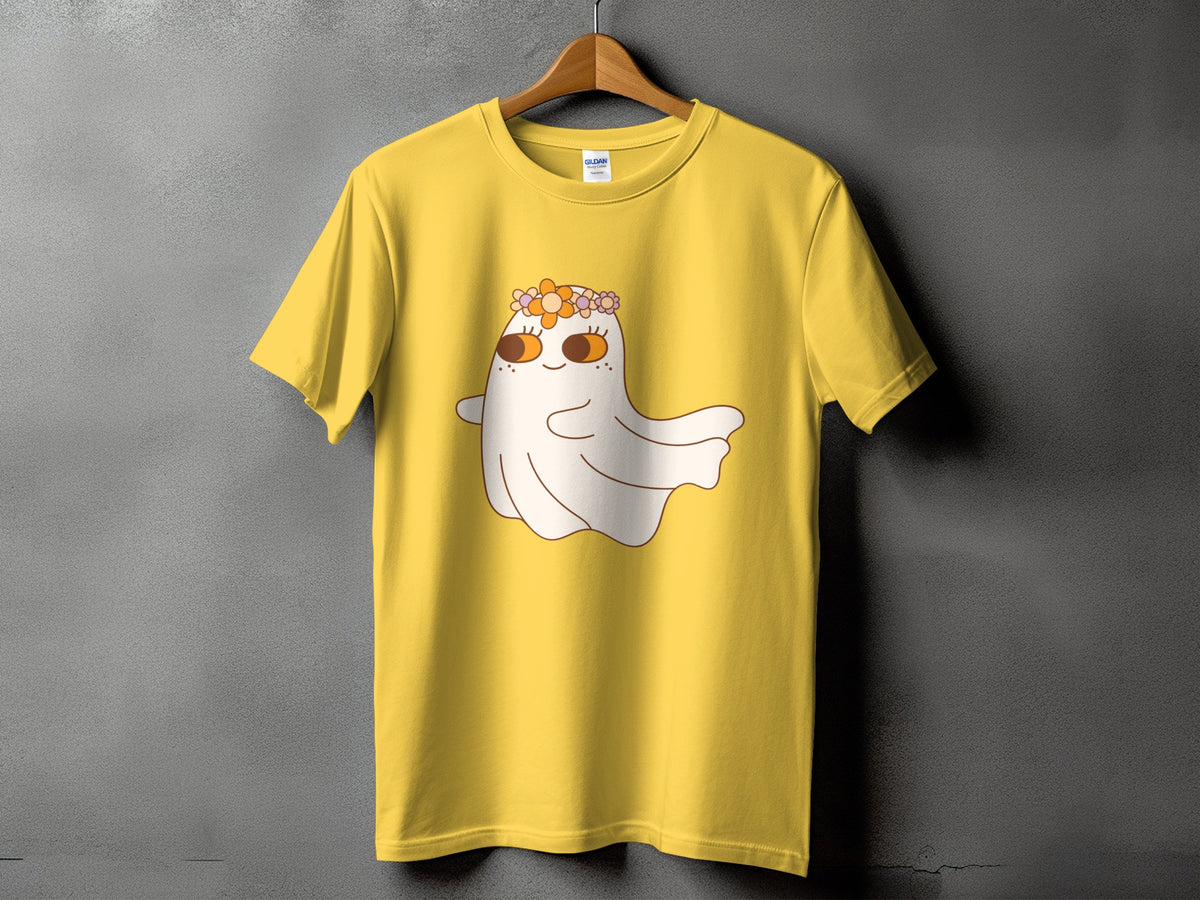 Yellow t-shirt with a cartoon ghost wearing a flower crown and Gildan label.