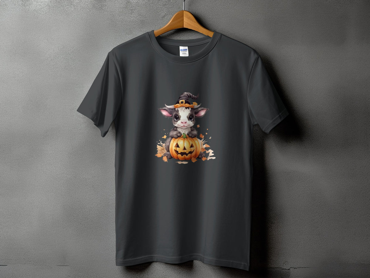 Dark grey t-shirt with a cartoon cow wearing a witch hat on a pumpkin.