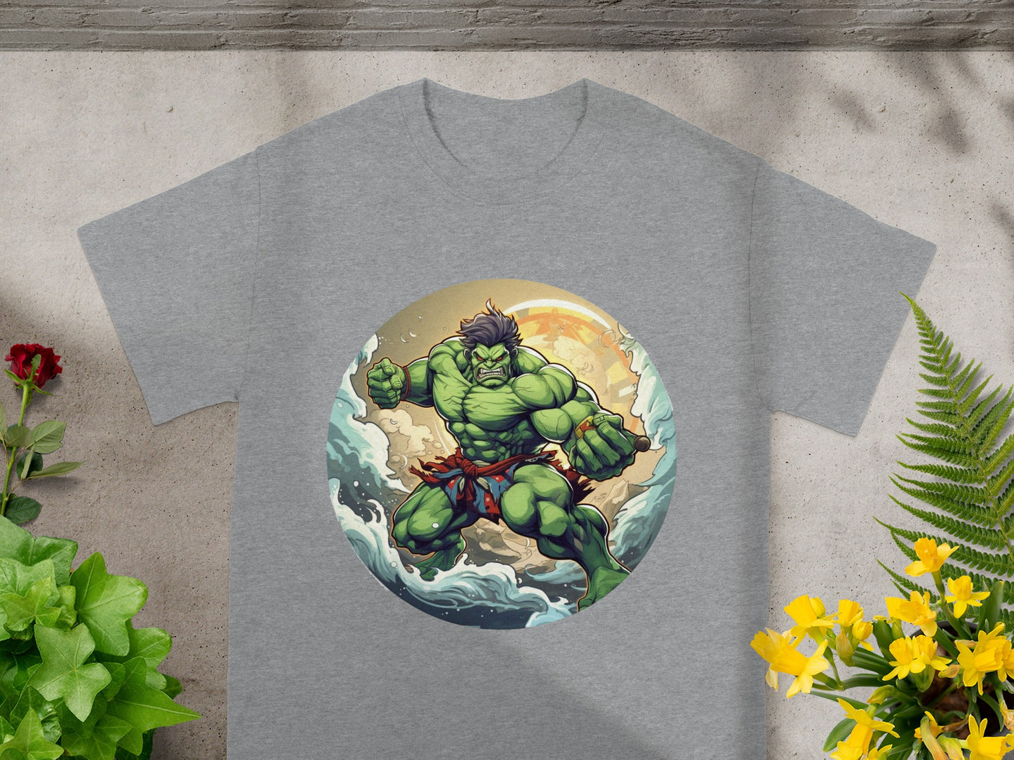 Hulk smashing through waves with a full moon behind him.