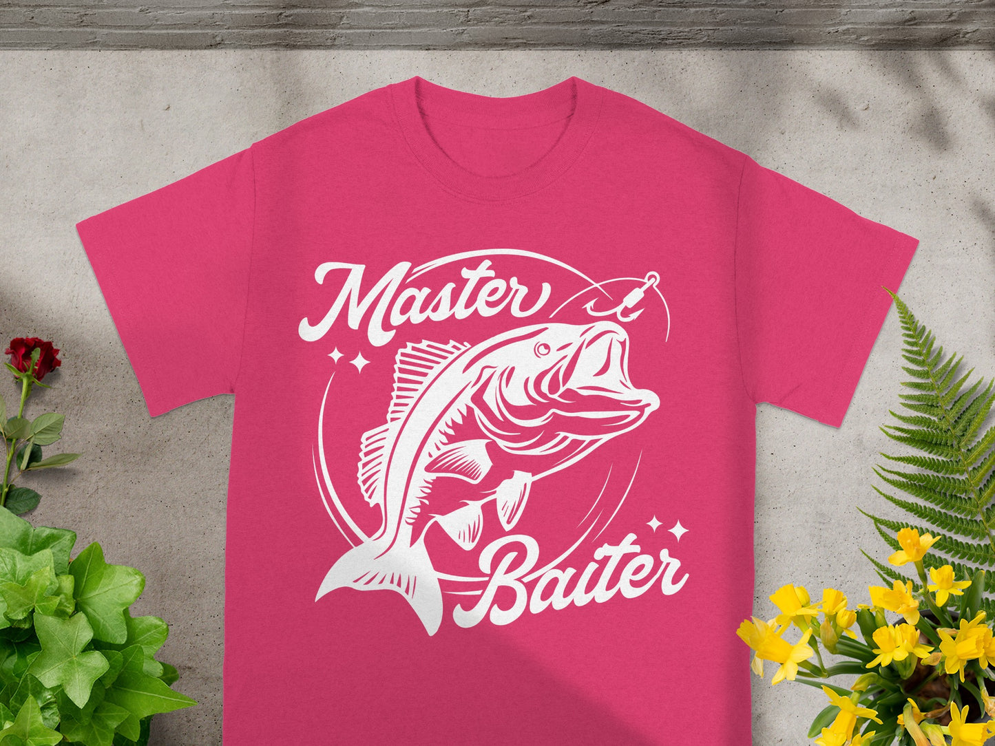 Pink t-shirt with white "Master Baiter" text and jumping fish graphic.