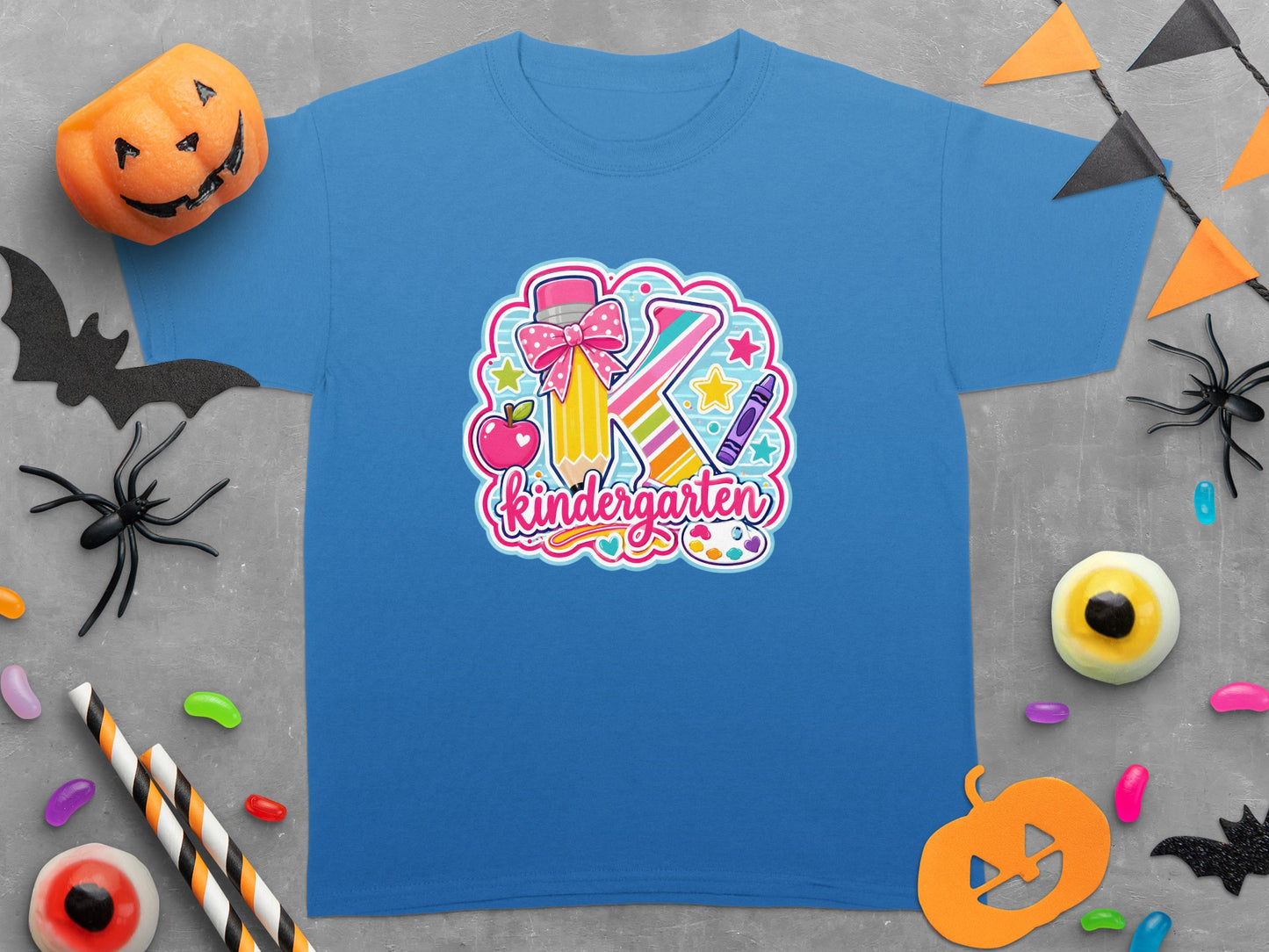 Blue t-shirt with "Kindergarten" text and cartoon school supplies.