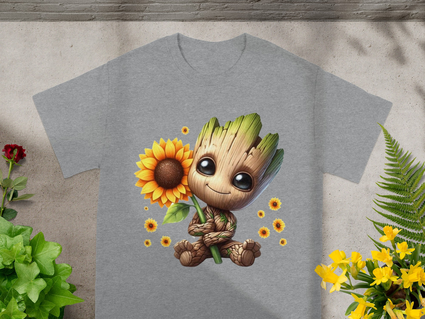 Groot character holding a sunflower, with smaller sunflowers around.