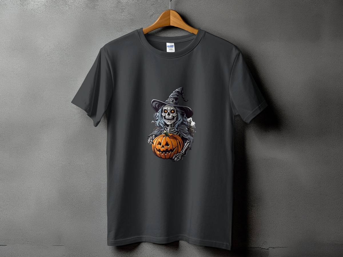 Dark grey t-shirt with a skeleton wearing a witch hat holding a pumpkin.