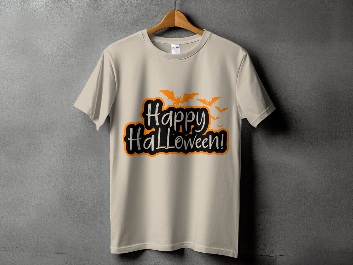 Light beige t-shirt with "Happy Halloween!" text and orange bats.