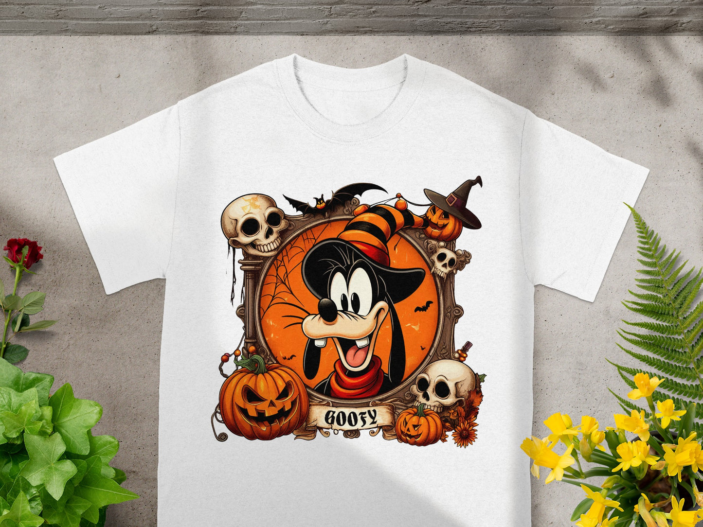 Goofy in Halloween costume with pumpkins, skulls, bats, and text "GOOFY".