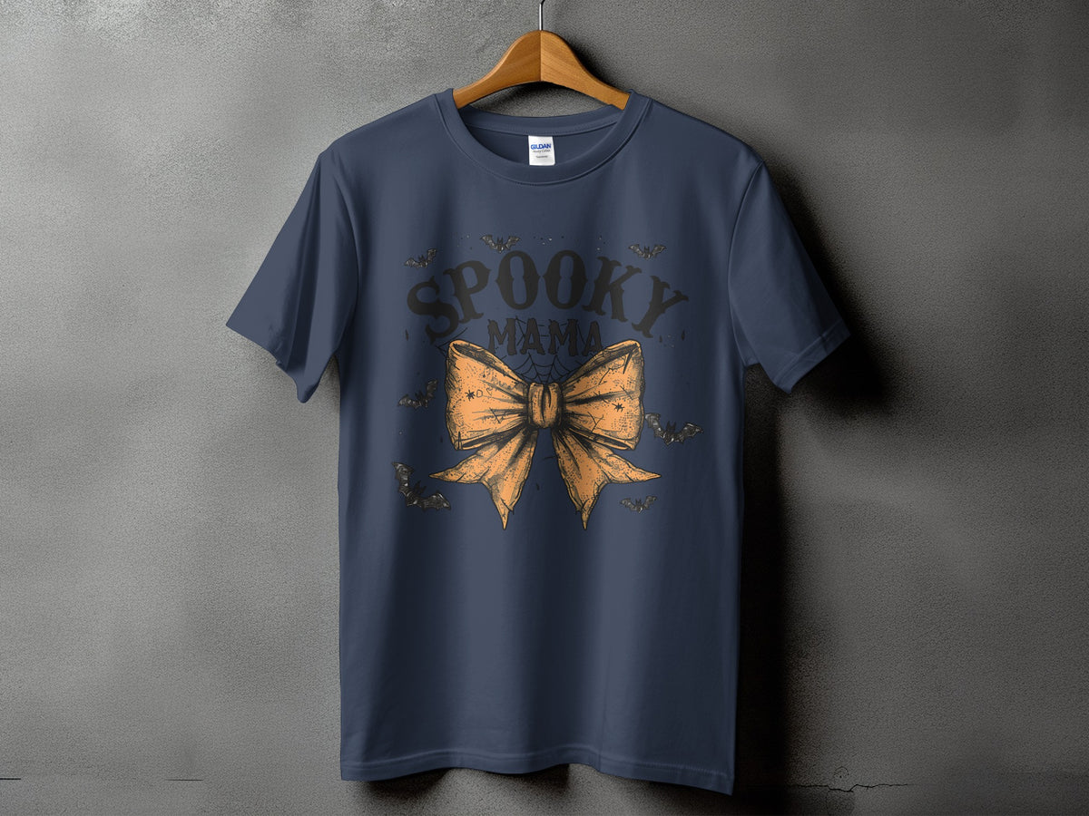 Navy t-shirt with "Spooky Mama" text and orange bow graphic.