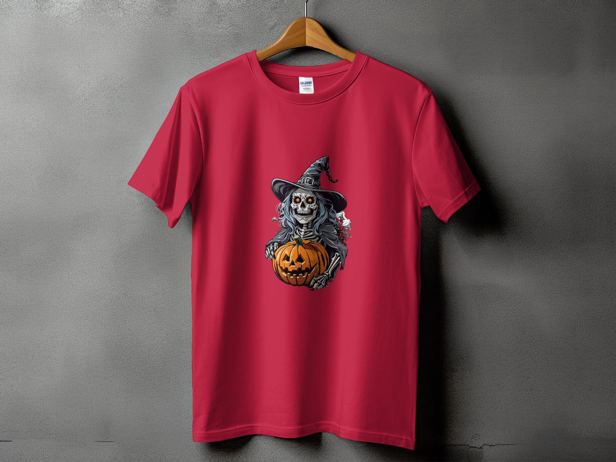 Red t-shirt with a skeleton wearing a witch hat holding a jack-o'-lantern.