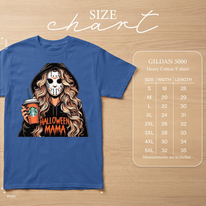 Blue t-shirt with "Halloween Mama" graphic and size chart.