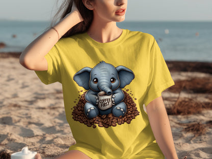 Cute Elephant Coffee First Graphic Yellow T-Shirt