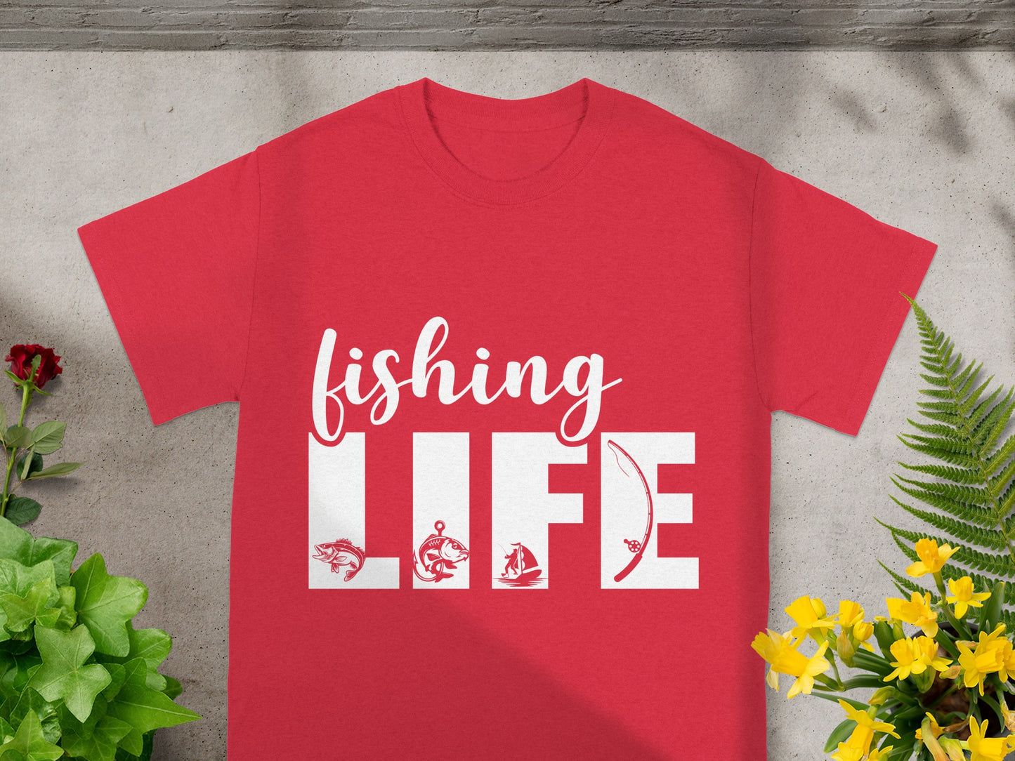 Red t-shirt with white text "Fishing LIFE" featuring fish and fishing graphics.