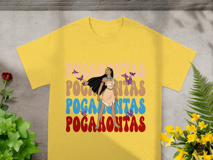 Yellow t-shirt with "Pocahontas" text and a graphic of Pocahontas.