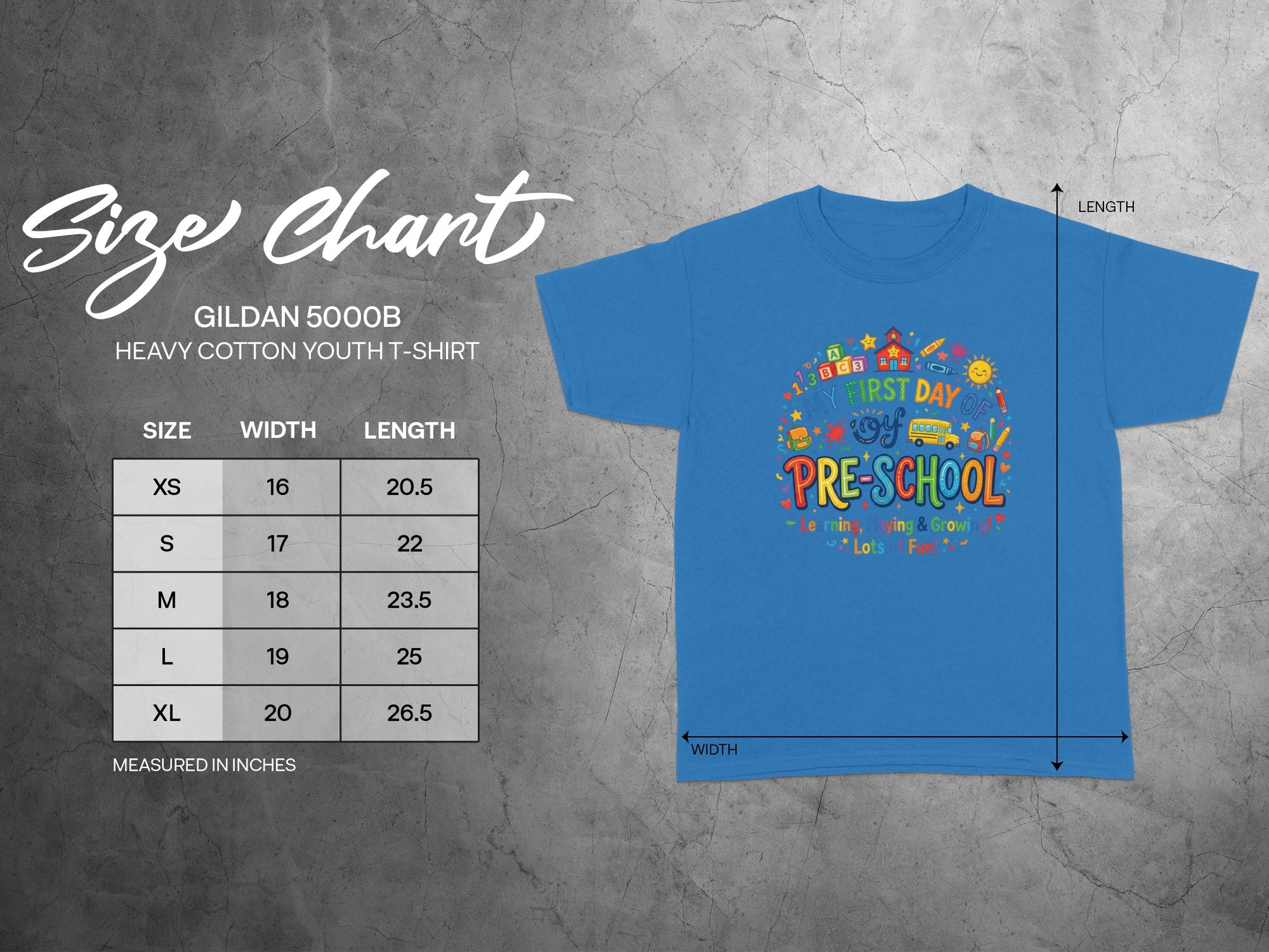 Gildan 5000B youth t-shirt size chart with width and length measurements in inches.