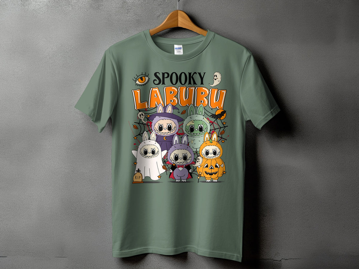 Spooky Labubu graphic with Halloween characters and text on a green t-shirt.