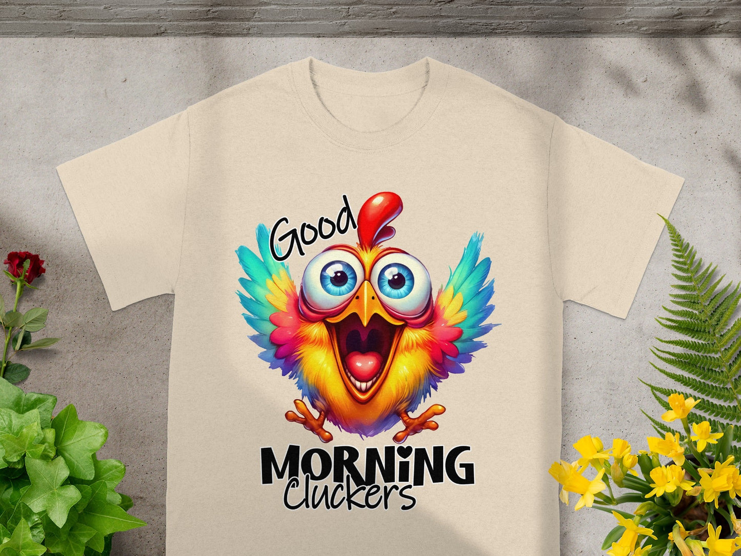 Good Morning Cluckers Colorful Chicken T-Shirt