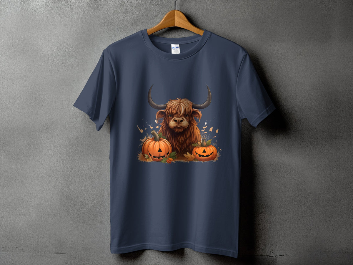 Navy t-shirt with a Highland cow and two jack-o'-lanterns graphic.