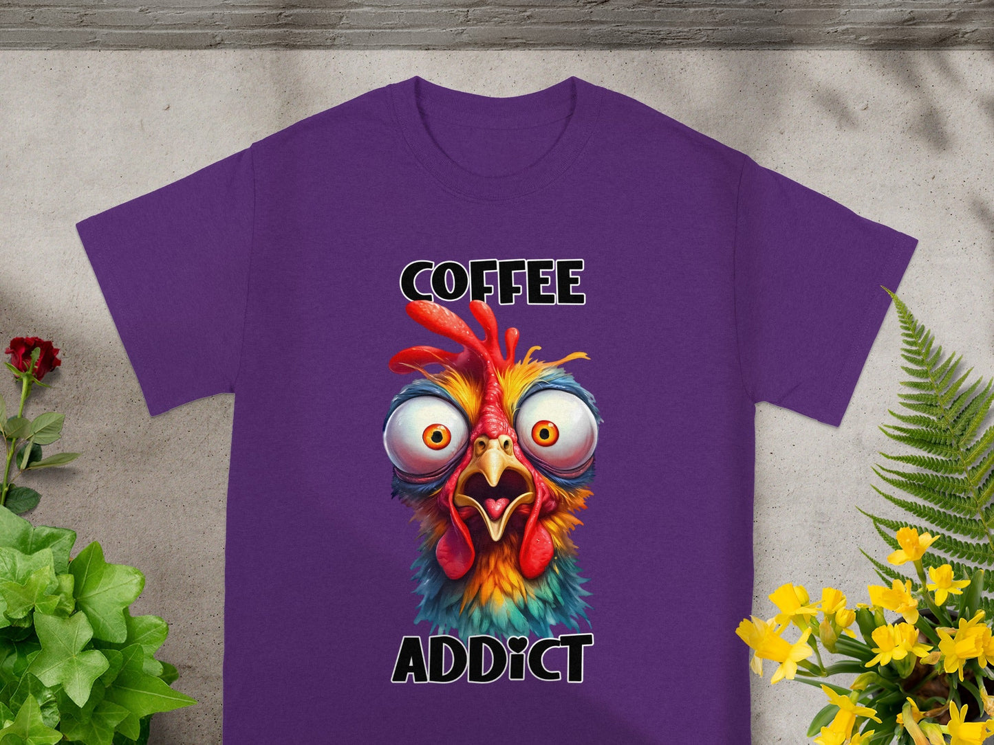 Funny Coffee Addict Rooster Print Purple Shirt