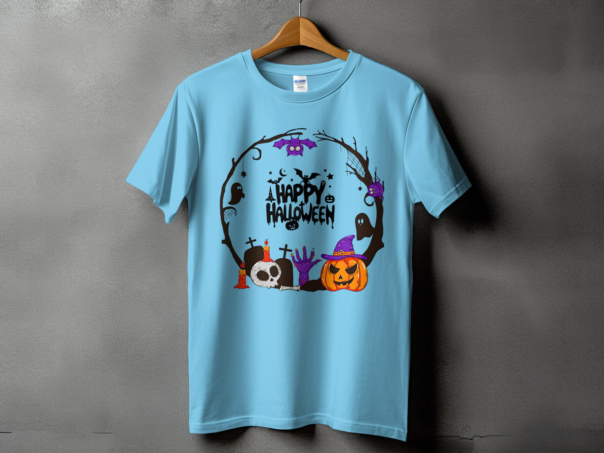 Light blue t-shirt with "A Happy Halloween" text and spooky graphics.