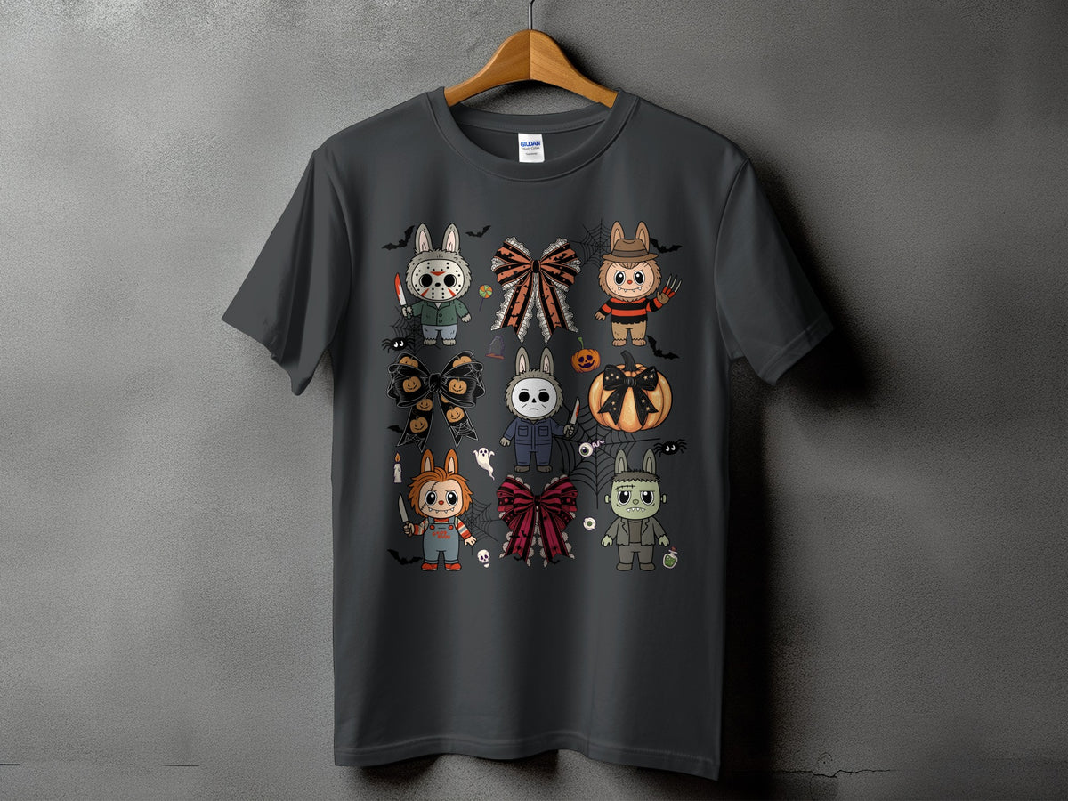 Dark gray t-shirt with a collage of Halloween horror characters depicted as cute bunnies.