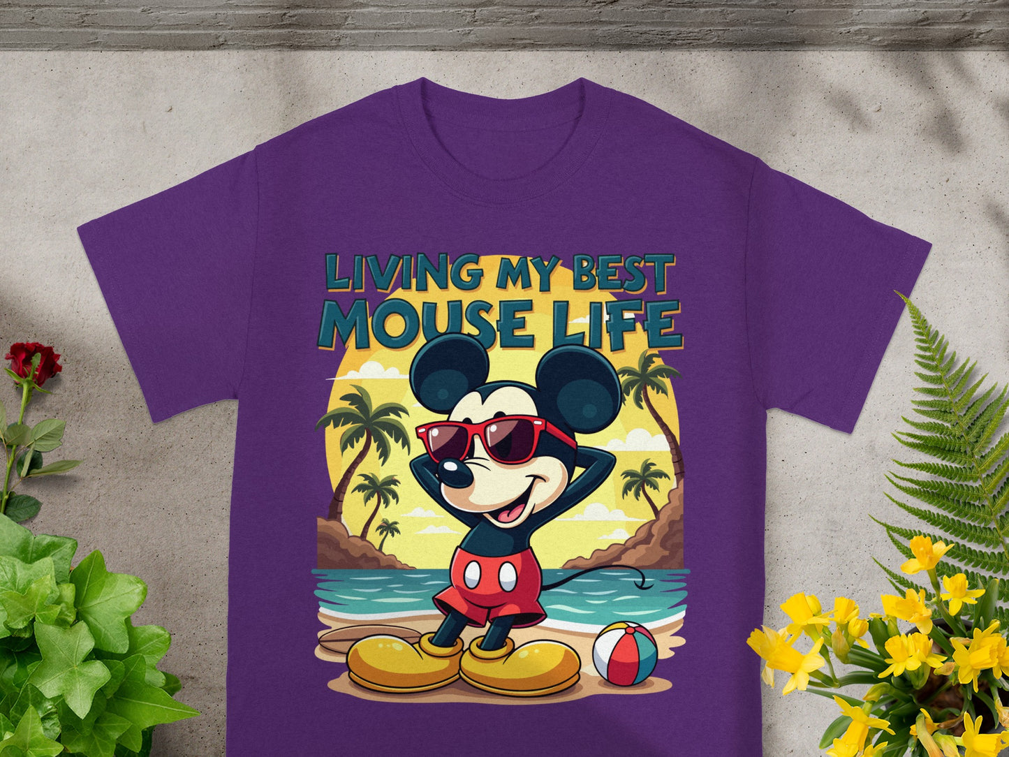 Purple t-shirt with Mickey Mouse on a beach, "Living My Best Mouse Life" text.
