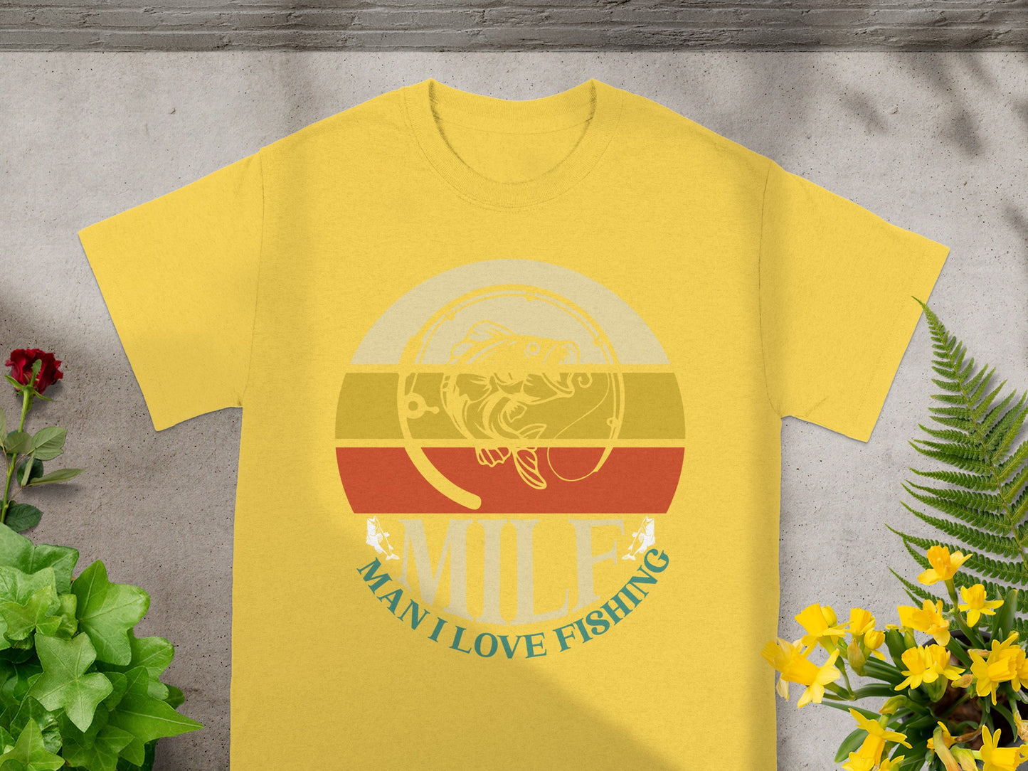 Yellow t-shirt with "MILF MAN I LOVE FISHING" text and a fish graphic.