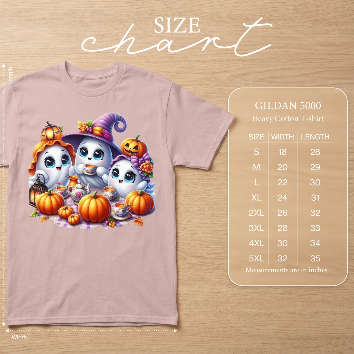 Pink t-shirt with cute ghosts, pumpkins, and tea set with size chart.