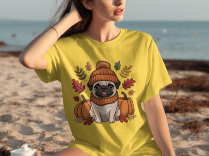 Cute Pug in Autumn Outfit Graphic Tee for Dog Lovers