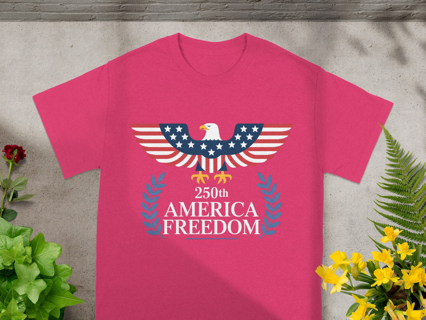Pink t-shirt with an eagle and "250th AMERICA FREEDOM" text.