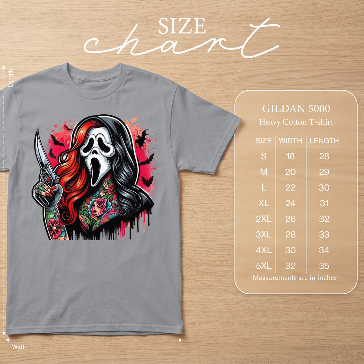 Gray Gildan 5000 heavy cotton t-shirt with Ghostface holding a knife. Includes size chart.