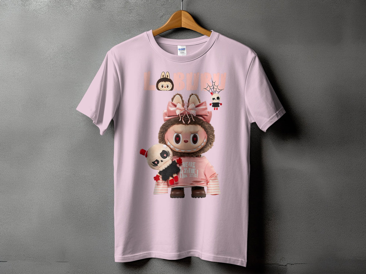 Pink t-shirt with a large graphic of a fuzzy character holding a panda plush.