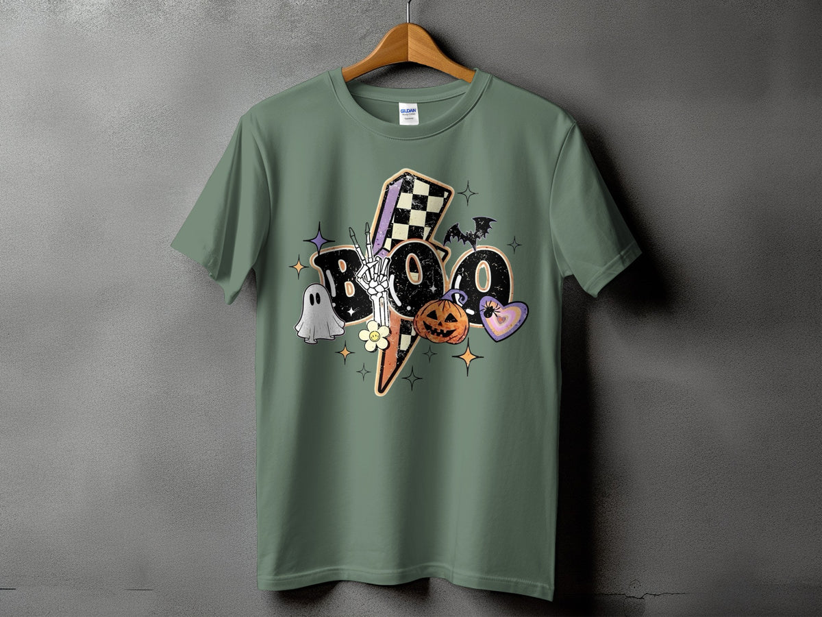 Green t-shirt with "Boo" graphic featuring a ghost, skeleton hand, pumpkin, and bat.