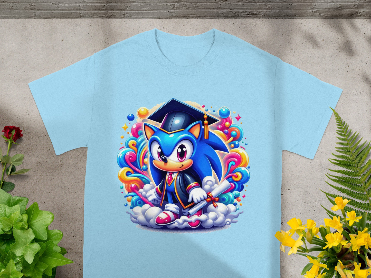 Sonic the Hedgehog in graduation cap and gown holding diploma on cloud.