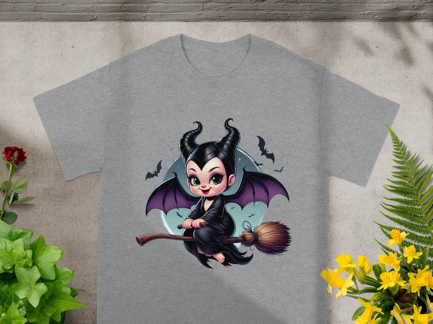 Cartoon baby Maleficent with bat wings riding a broomstick.