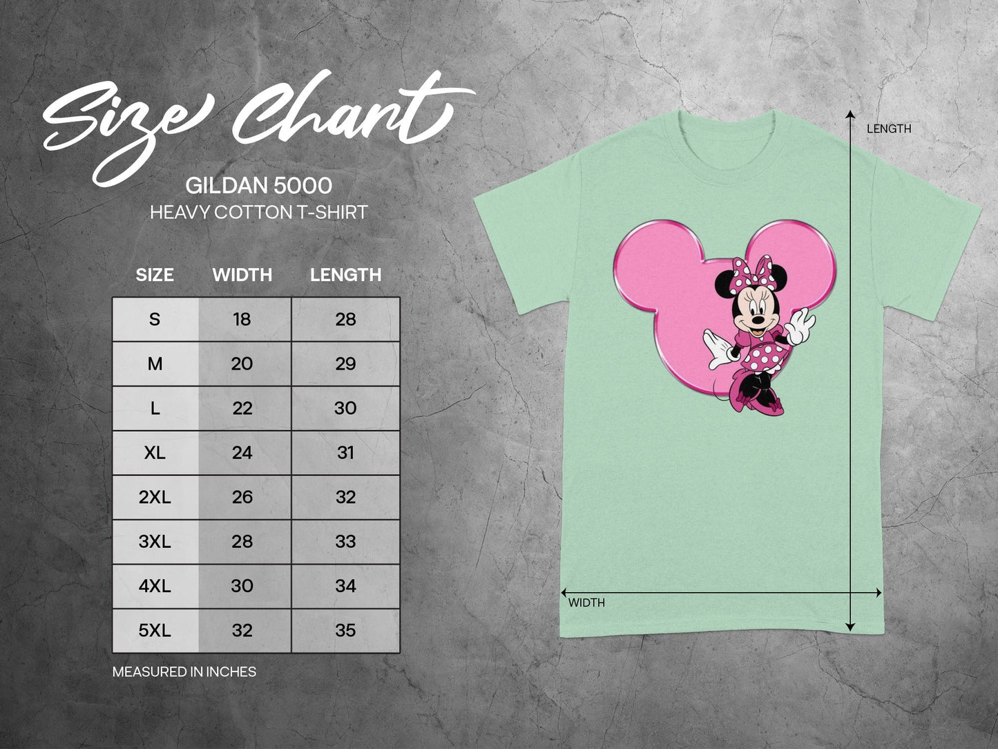 Minnie Mouse Pink Silhouette GILDAN 5000 Size Chart T-shirt