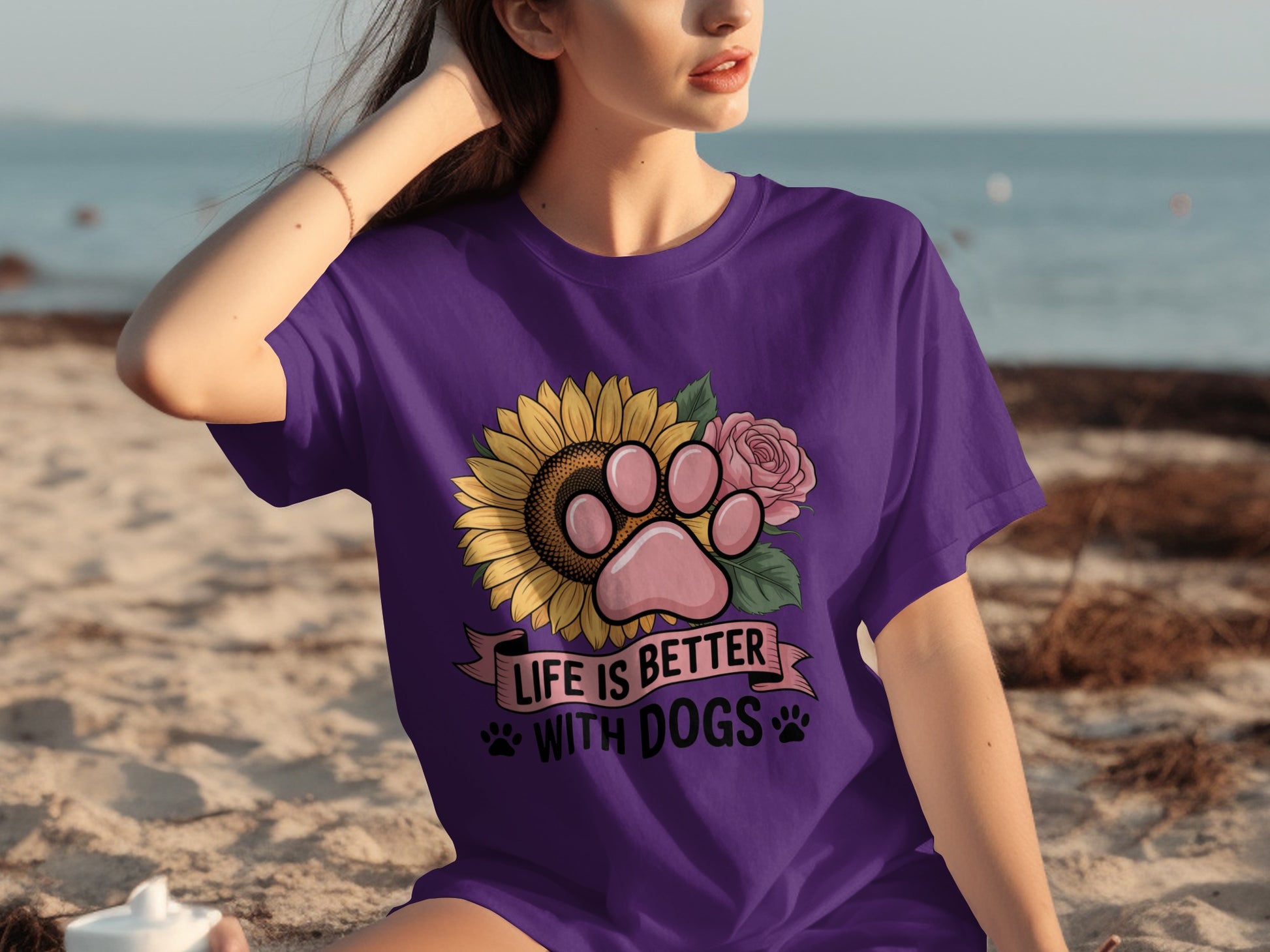 Life is Better with Dogs Sunflower Paw Rose T-Shirt