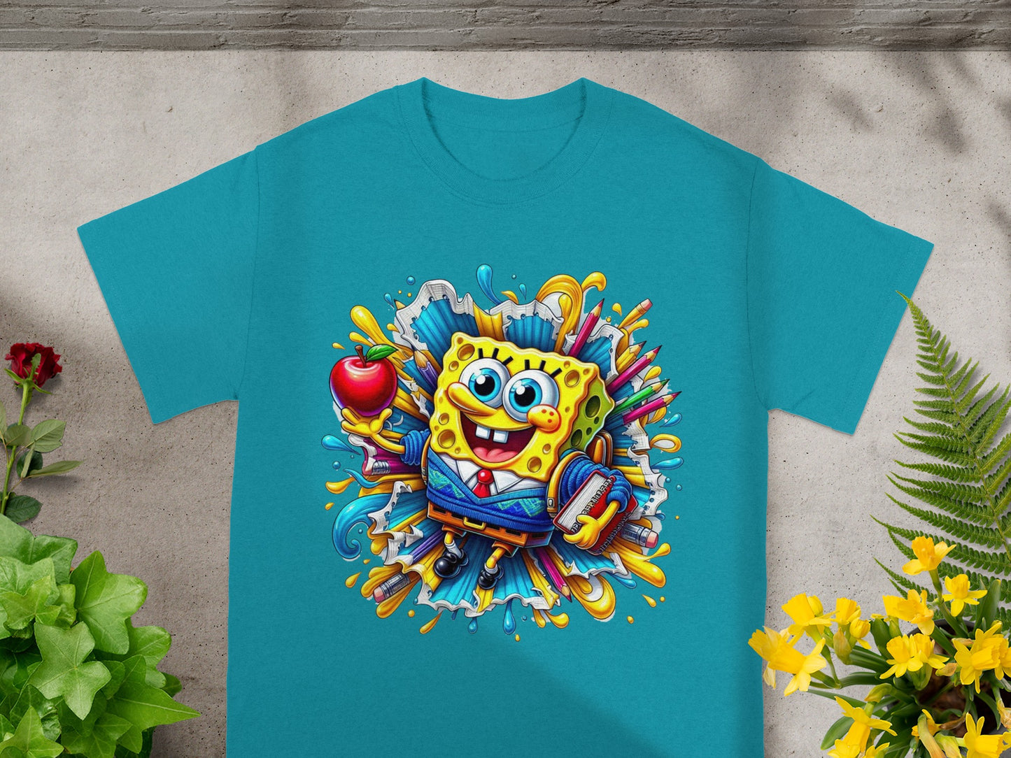 SpongeBob SquarePants holding apple and books, surrounded by school supplies.