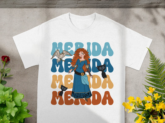 Merida with a bird and a bear on a white t-shirt.