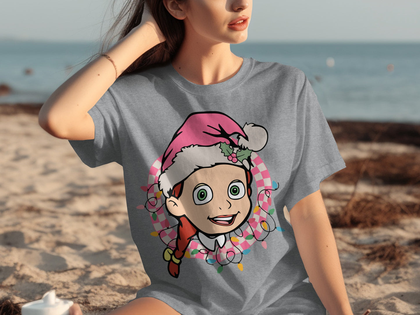 Festive Cartoon Character Tee with Pink Santa Hat Design